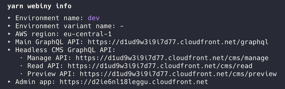 Webiny info command output showing API endpoints
